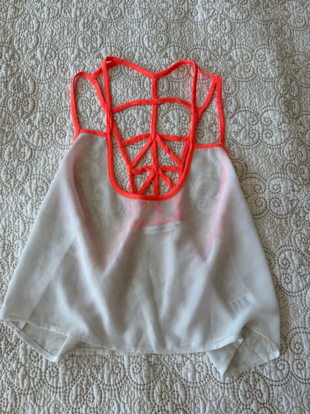 White sheer strappy back crop top with neon coral details